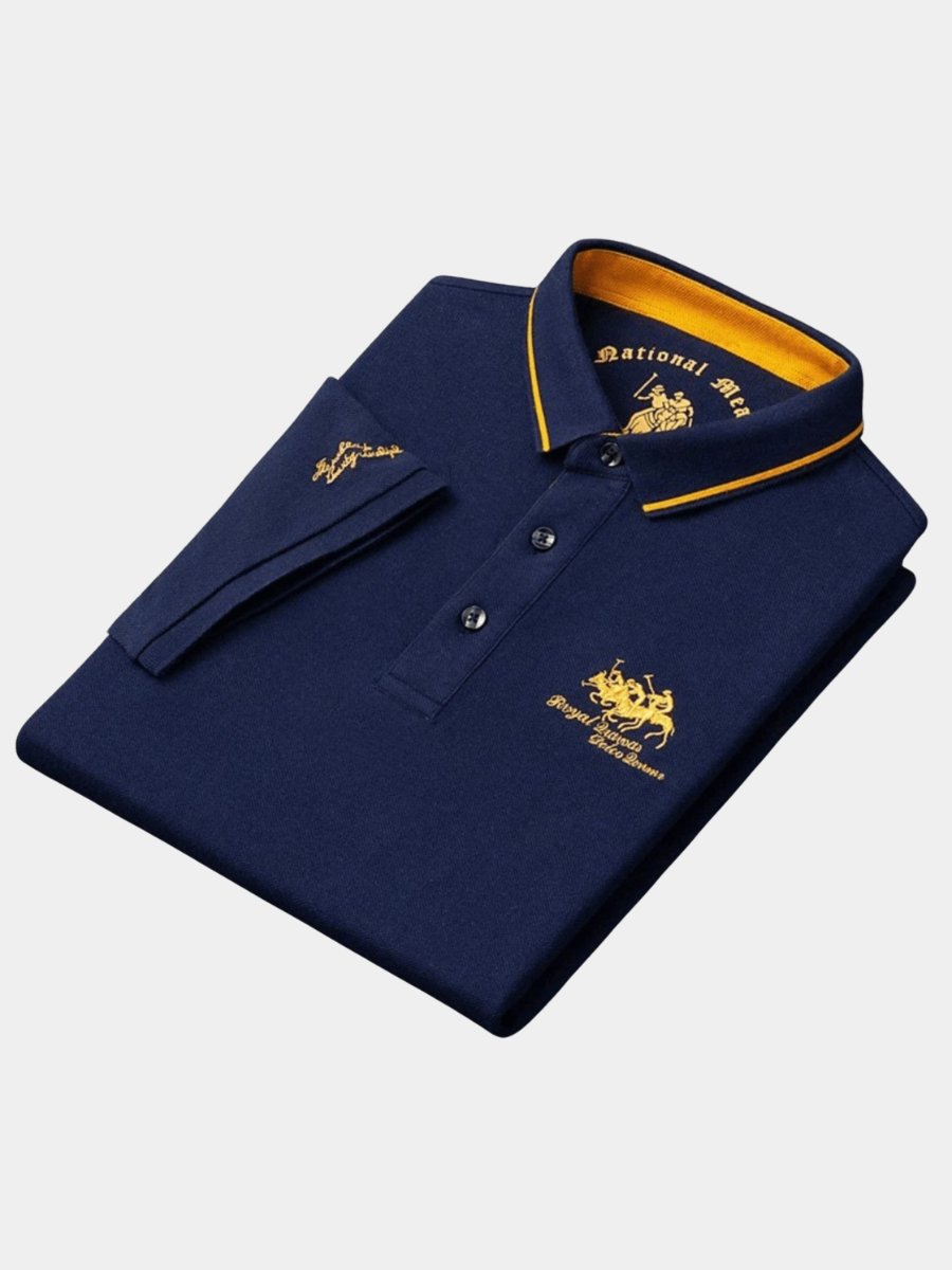 Men's breathable embroidered polo top in navy, ideal for casual summer style or golf activities.