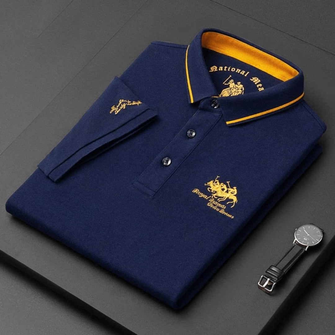 Close-up of intricate embroidery on a men's breathable polo top, highlighting premium quality design.
