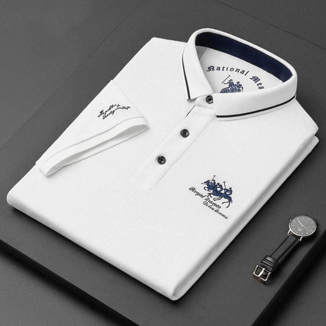 Man wearing a versatile, breathable embroidered men's polo top on a golf course, perfect for summer golf.