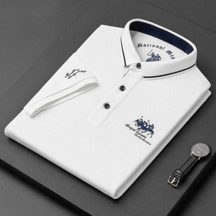 Man wearing a versatile, breathable embroidered men's polo top on a golf course, perfect for summer golf.
