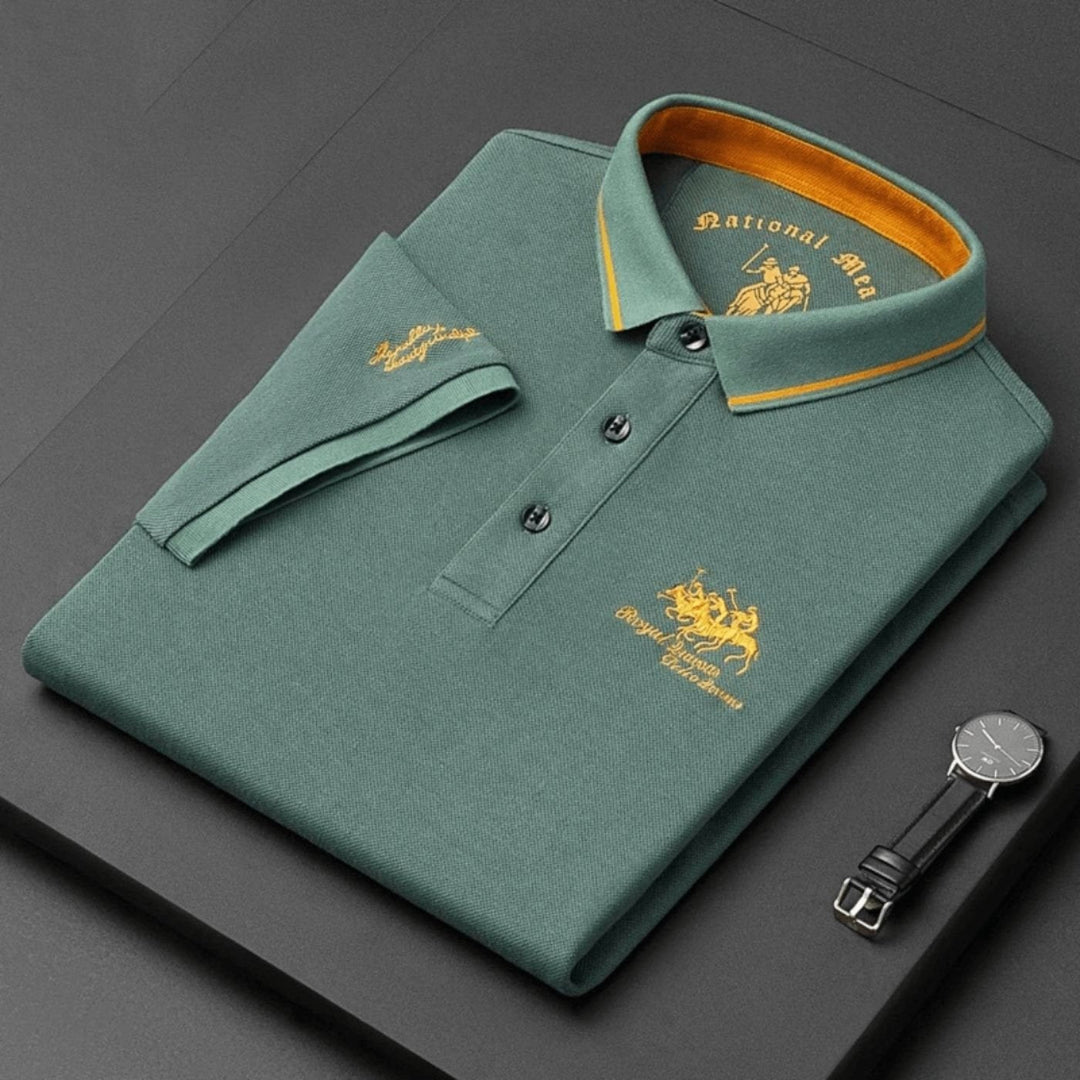 Folded stack of men's versatile, breathable embroidered polo tops in various colors, ideal for summer.