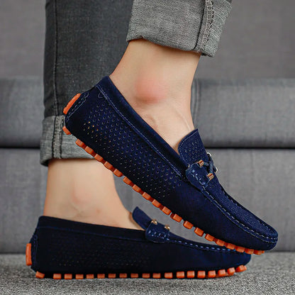 Summer men's fashion: versatile perforated leather slip-on loafers. Excellent for breathable comfort.