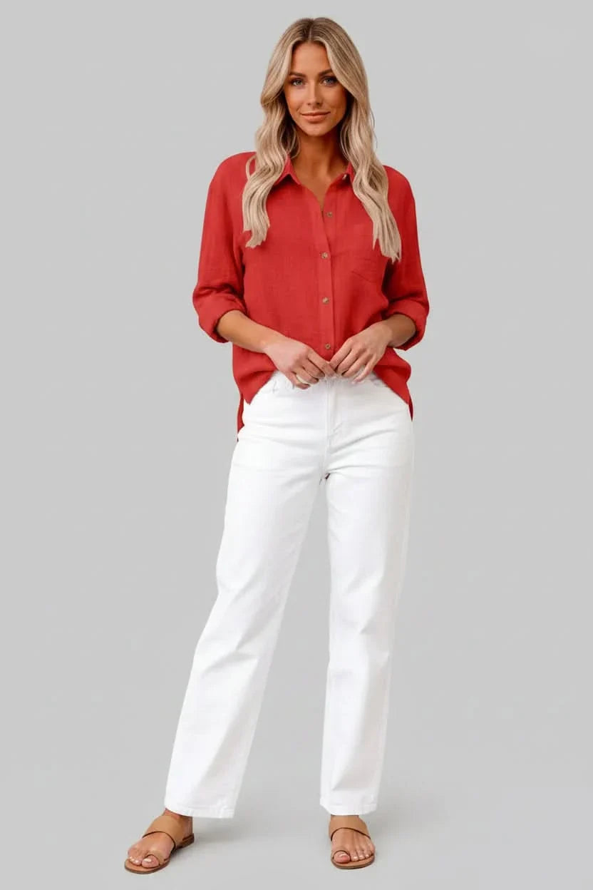 Solid color men's casual shirt with a classic button-up front, designed for breathable, lightweight spring fashion.