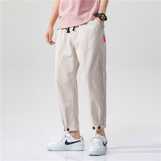 Men's breathable linen blend relaxed fit trousers in khaki, perfect for casual summer comfort.