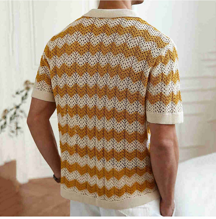 Mustard men's open knit polo shirt with breathable texture, button-up detail. Ideal summer casual wear.