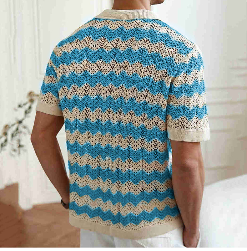 Brown men's casual open knit polo shirt. Lightweight, breathable, and comfortable for summer days and warm weather.