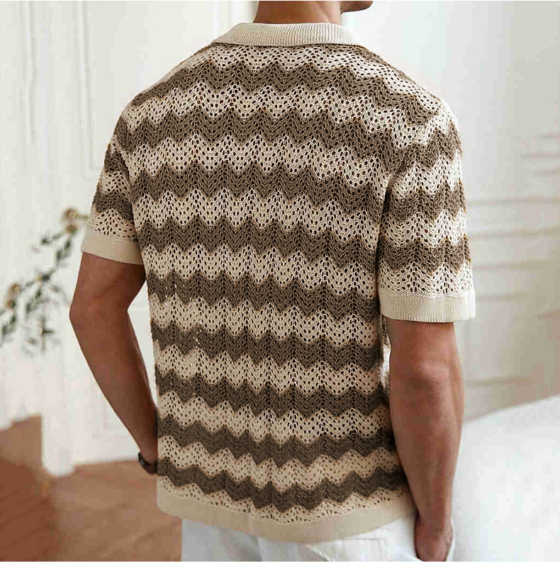 Men's summer polo shirt: breathable open knit, short sleeve, relaxed fit. Available in mustard, blue & brown.