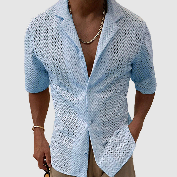 Men's breathable open-weave leisure shirt. Short sleeve casual button-down for summer, relaxed fit.