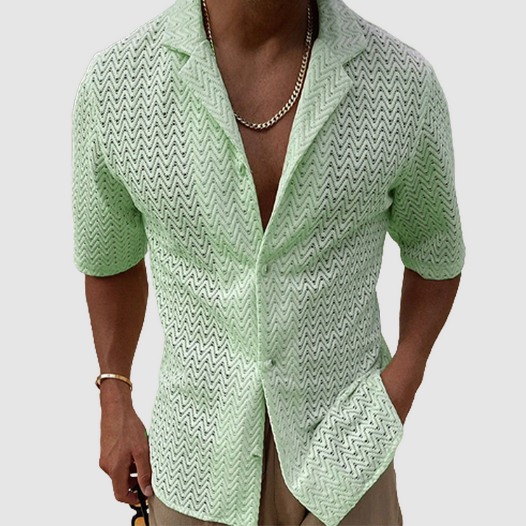 Derek men's breathable short sleeve leisure shirt. Open-weave button-down design, relaxed fit for summer casual style.