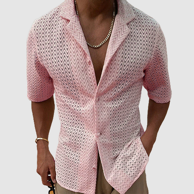 Stylish men's breathable open-weave short sleeve shirt. Casual button-down, relaxed fit, perfect for summer leisure.