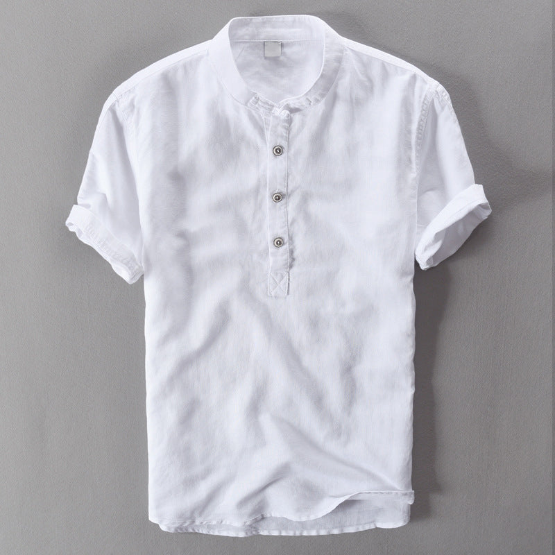 Lightweight men's short sleeve button-down summer shirt for smart casual occasions, beachwear, or vacation.