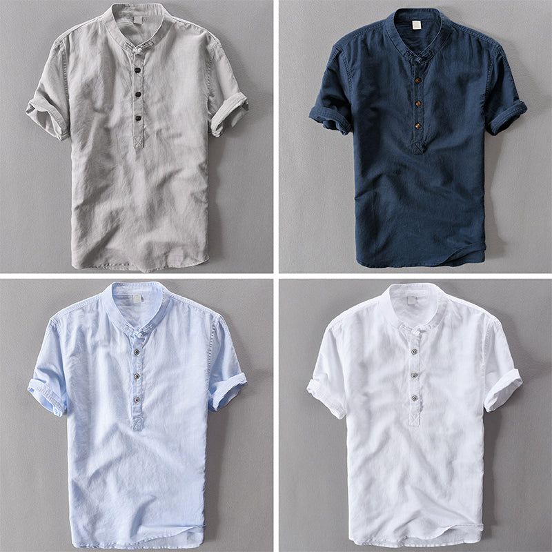 Front view of a men's breathable short sleeve button-down summer shirt, perfect for casual and warm weather.
