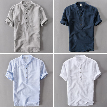 Front view of a men's breathable short sleeve button-down summer shirt, perfect for casual and warm weather.