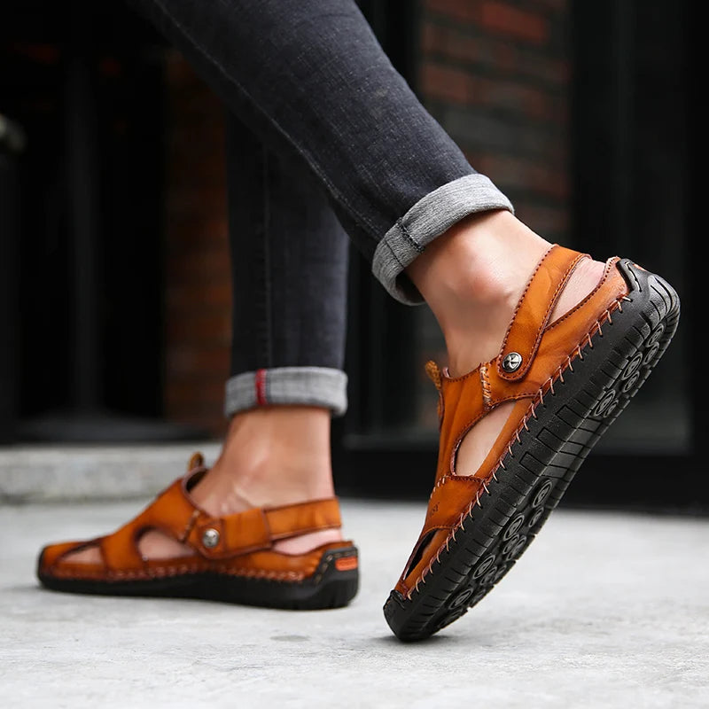 Outdoor men's sandals, non-slip and breathable, closed-toe for protection.