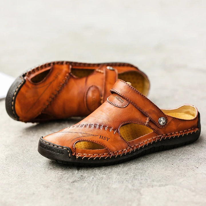 Comfortable men's walking sandals, slip-on style with cushioned arch support.