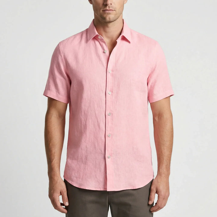 Classic men's breezy button-up shirt with short sleeves, ideal for casual summer days & leisure.