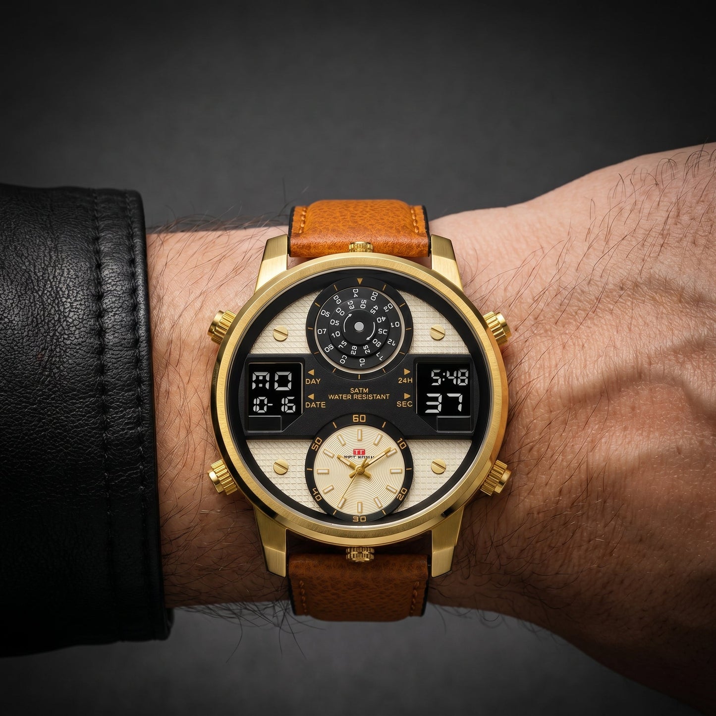 Gold Brenton men's multifunction watch, durable stainless steel, water resistant, oversized alarm dial.