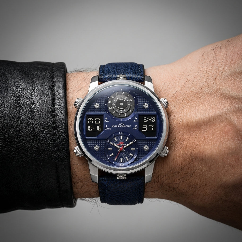 Rose gold Brenton men's multifunction stainless steel watch, water resistant, oversized dial.