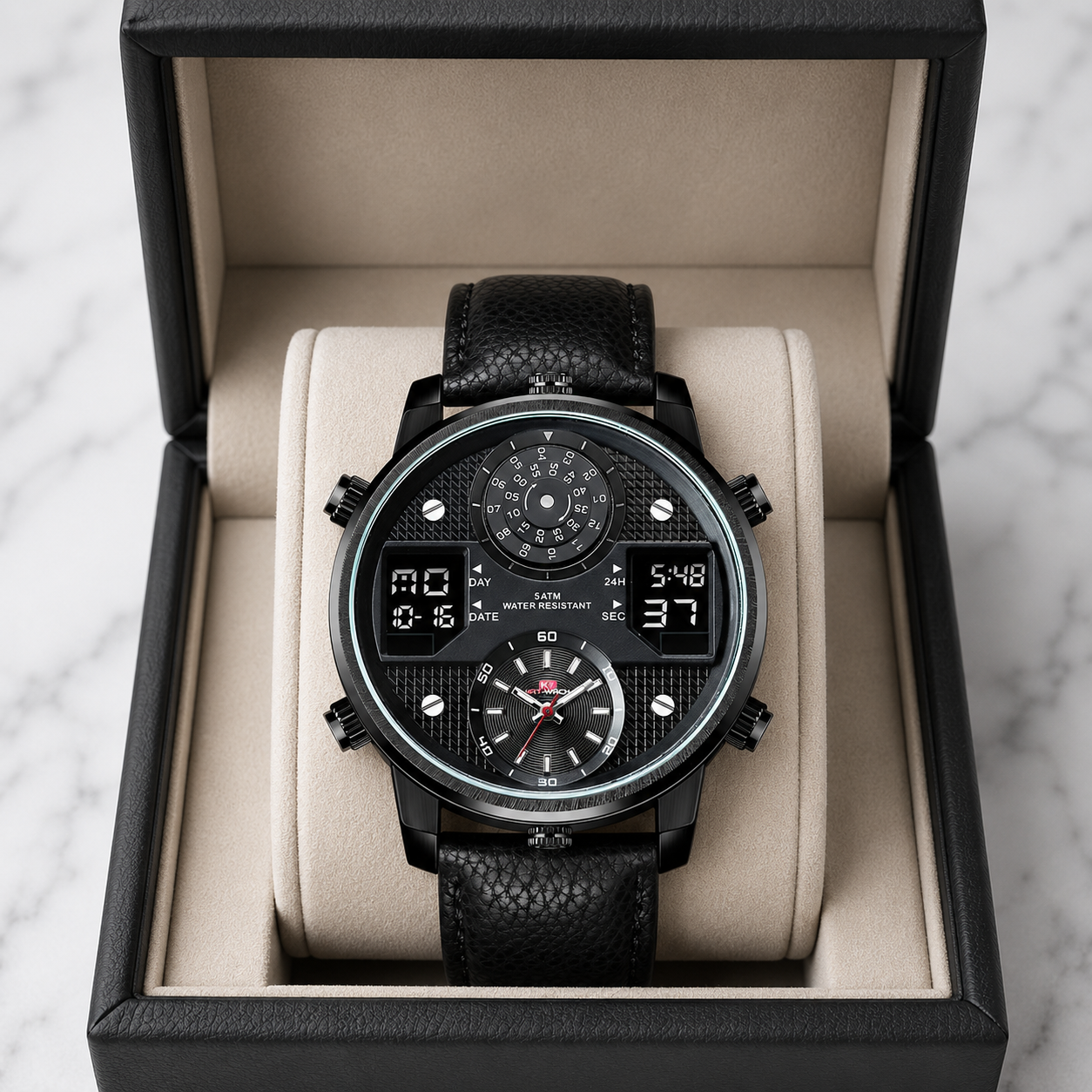 Blue dial Brenton men's multifunction stainless steel watch, durable, water resistant.