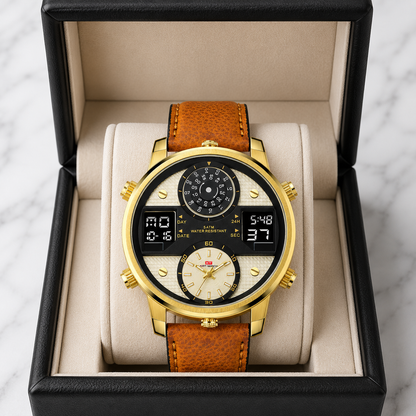 Durable Brenton men's multifunction stainless steel watch with oversized alarm dial, water resistant.