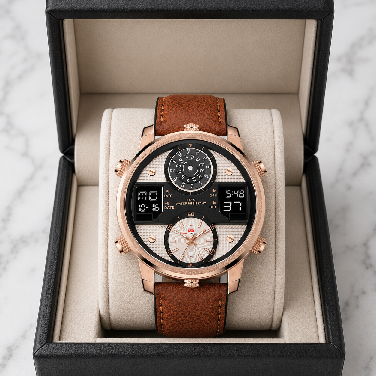 Men's Brenton water resistant watch, multifunction, durable stainless steel, oversized dial.