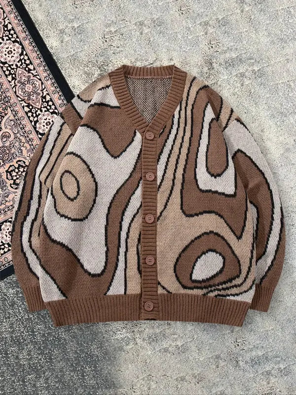 Men's brown, black & green abstract knit cardigan. Stylish button-front layering piece for casual wear.