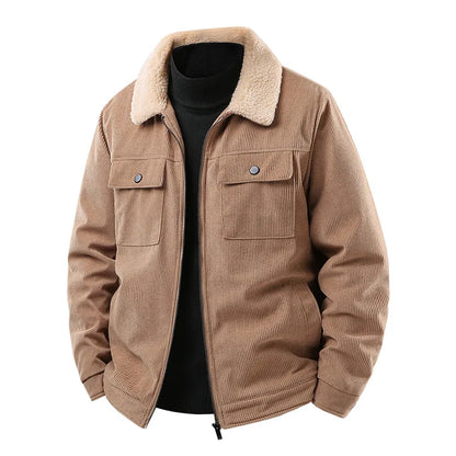 Men's brown corduroy bomber jacket with a cozy sherpa collar. Stylish & warm for fall/winter.