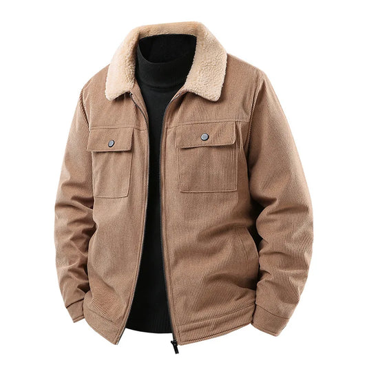 Men's brown corduroy bomber jacket with a cozy sherpa collar. Stylish & warm for fall/winter.