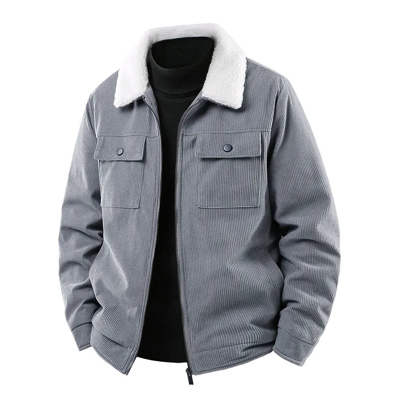 Stylish men's corduroy jacket with sherpa lining, a warm bomber for casual winter and fall fashion.