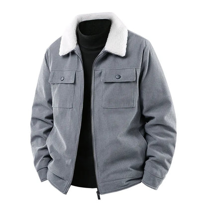 Stylish men's corduroy jacket with sherpa lining, a warm bomber for casual winter and fall fashion.