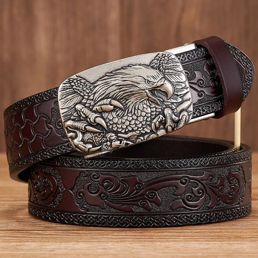 Premium men's leather belt with an embossed eagle design and shiny buckle, perfect for men's fashion.