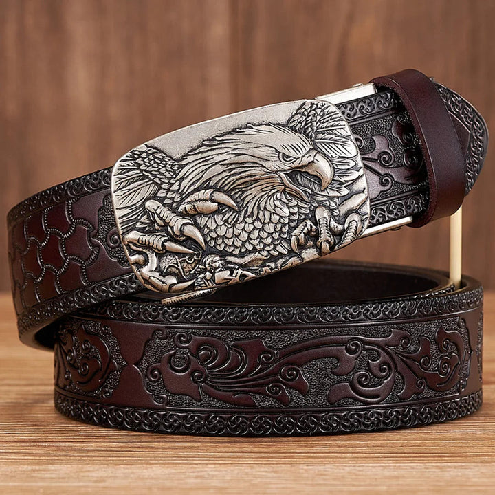 Premium men's leather belt with an embossed eagle design and shiny buckle, perfect for men's fashion.