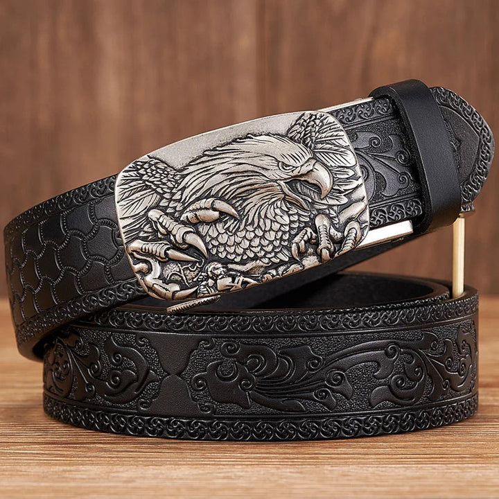 Durable men's brown leather belt with a detailed embossed eagle pattern & elegant gold buckle.