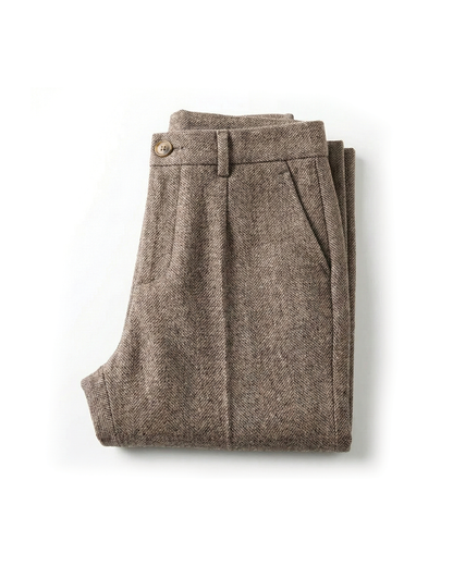 Men's brown herringbone wool blend tailored trousers, perfect for business casual style.