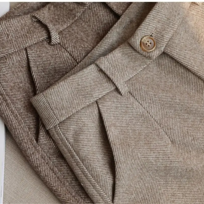 Smart brown men's herringbone trousers, a timeless wool blend tailored style for any wardrobe.