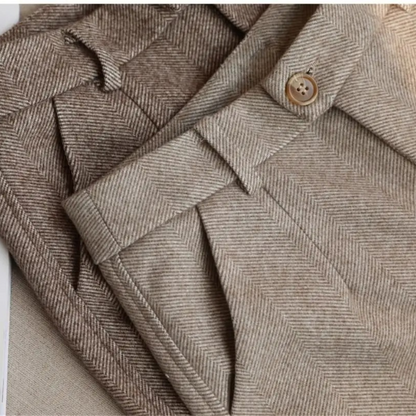 Smart brown men's herringbone trousers, a timeless wool blend tailored style for any wardrobe.
