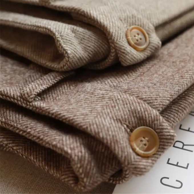 Comfortable beige wool blend herringbone tailored trousers for men's everyday classic style.