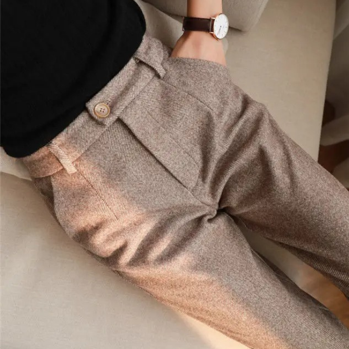 Stylish men's tailored fit herringbone wool blend trousers for formal and smart occasions.