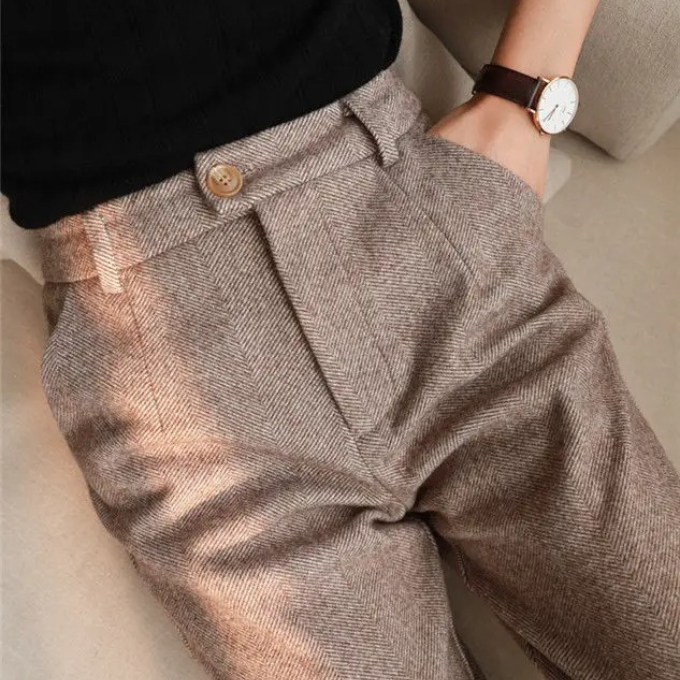 Smart brown wool blend herringbone trousers for men, ideal for office or classic outfits.
