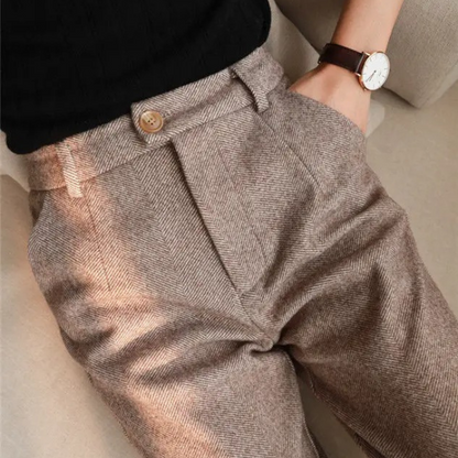 Smart brown wool blend herringbone trousers for men, ideal for office or classic outfits.