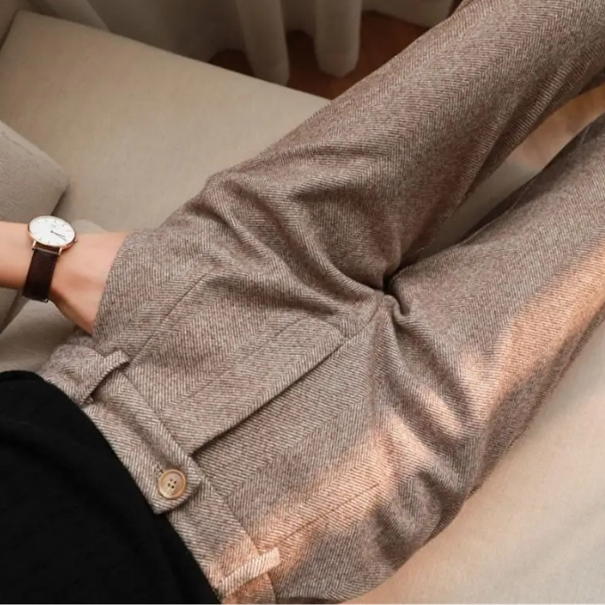 Premium men's herringbone wool blend trousers, tailored fit offering a sleek and refined look.