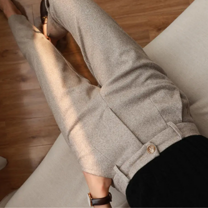 Elegant beige herringbone wool blend trousers, tailored for the modern, discerning man.