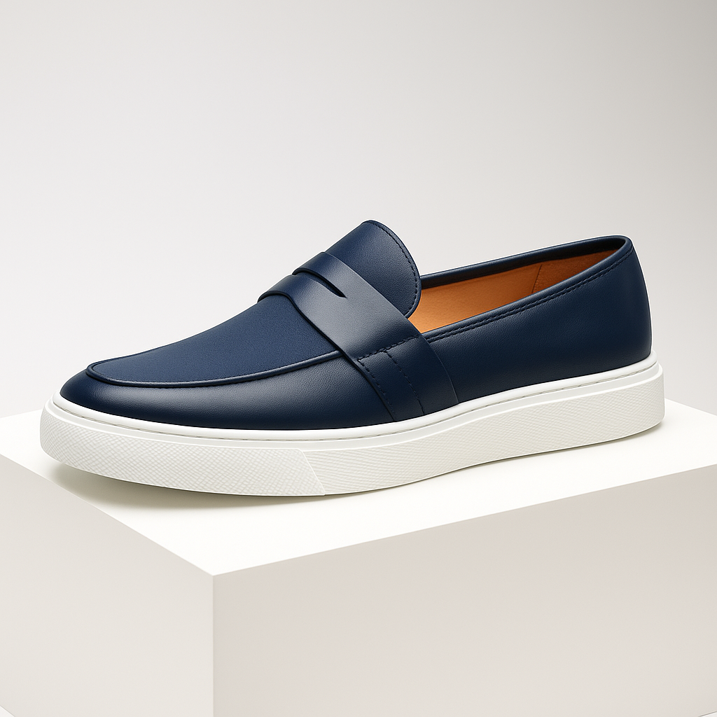 Comfortable men's navy slip-on loafers with cushioned sole, great for versatile, polished casual fashion.
