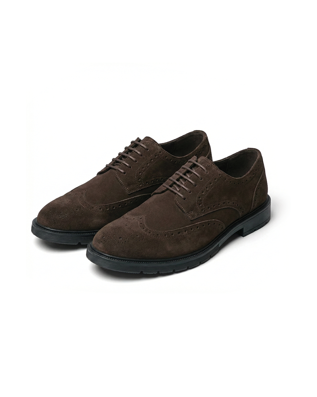 Men's brown suede brogue dress shoes, classic lace-up style for smart casual and formal outfits.