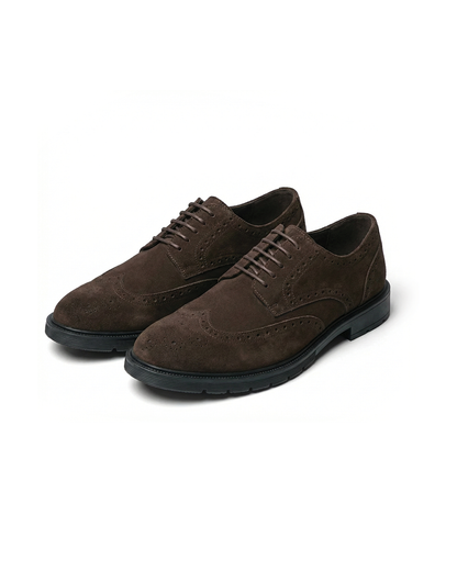 Men's brown suede brogue dress shoes, classic lace-up style for smart casual and formal outfits.