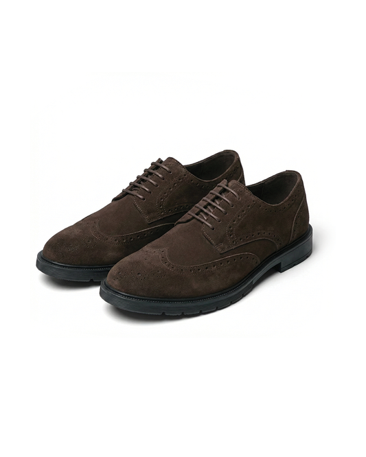 Men's brown suede brogue dress shoes, classic lace-up style for smart casual and formal outfits.