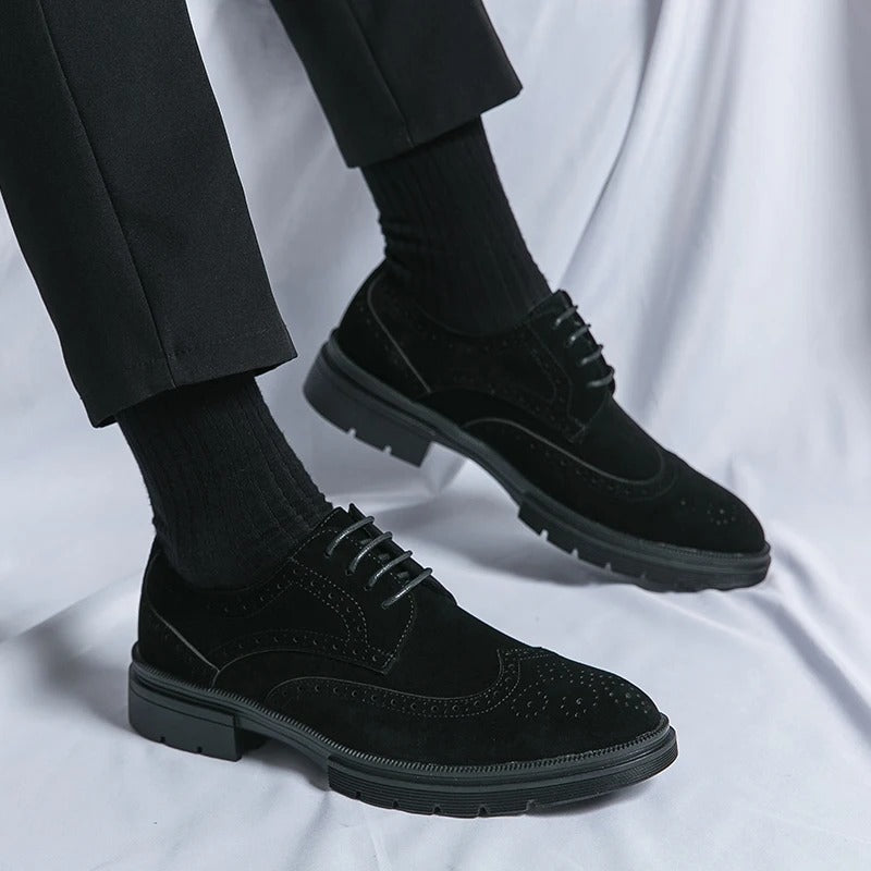 Men's comfortable suede brogue shoes, classic lace-up style available in brown and black for dressy outfits.