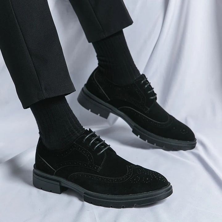 Men's comfortable suede brogue shoes, classic lace-up style available in brown and black for dressy outfits.