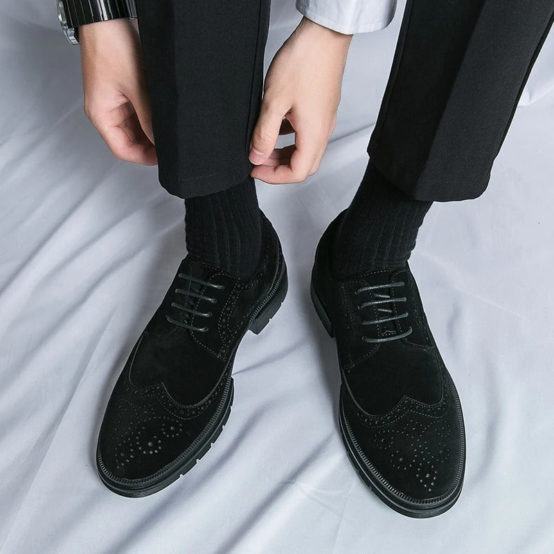 Classic brown men's suede brogue shoes with elegant detailing, perfect comfortable dress footwear for any event.