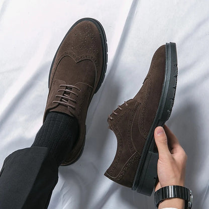 Black men's suede brogue shoes, elegant dress footwear with comfortable lace-up design for classic style.